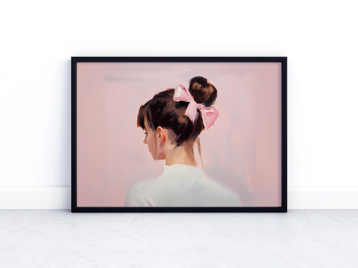 Woman Pink Hair Bow Bun Coquette Soft Girl Room Painting Poster - Image 2