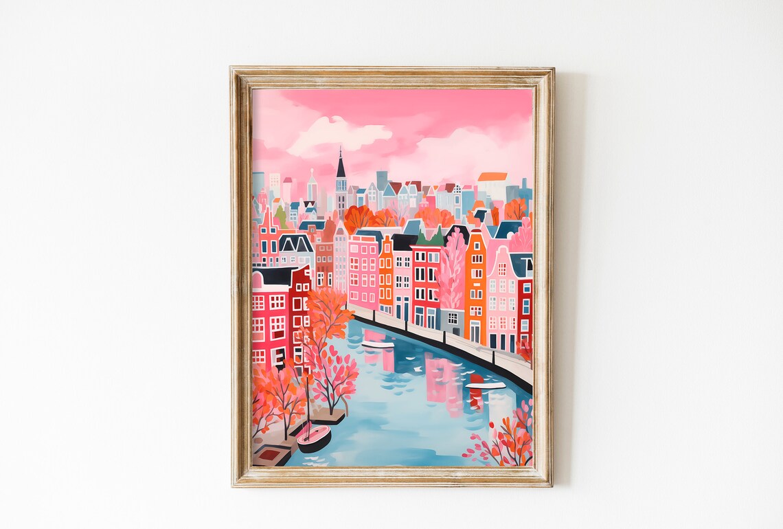 Amsterdam Canals Travel Poster, Romantic Holland Art