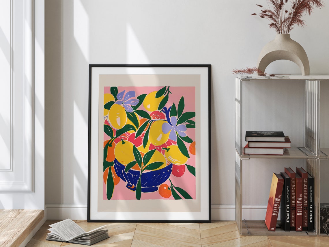Vibrant Lemon Fruit Bowl Blue Pink Mediterranean Kitchen Art Poster - Image 2