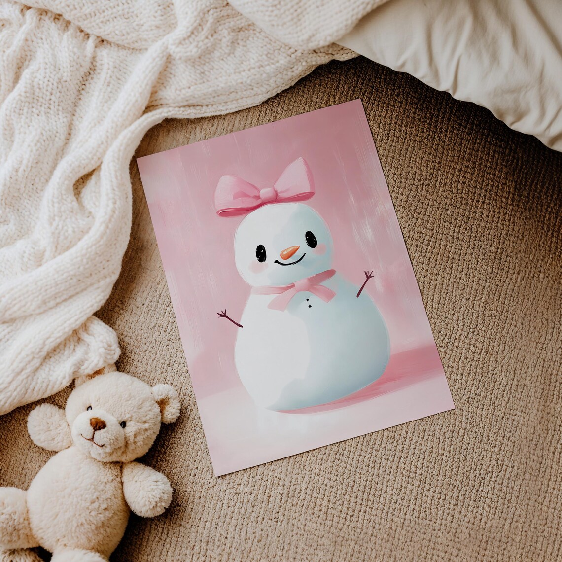 Cute Pink Bow Snowman Smiling on Blush Christmas Kids Poster - Image 2
