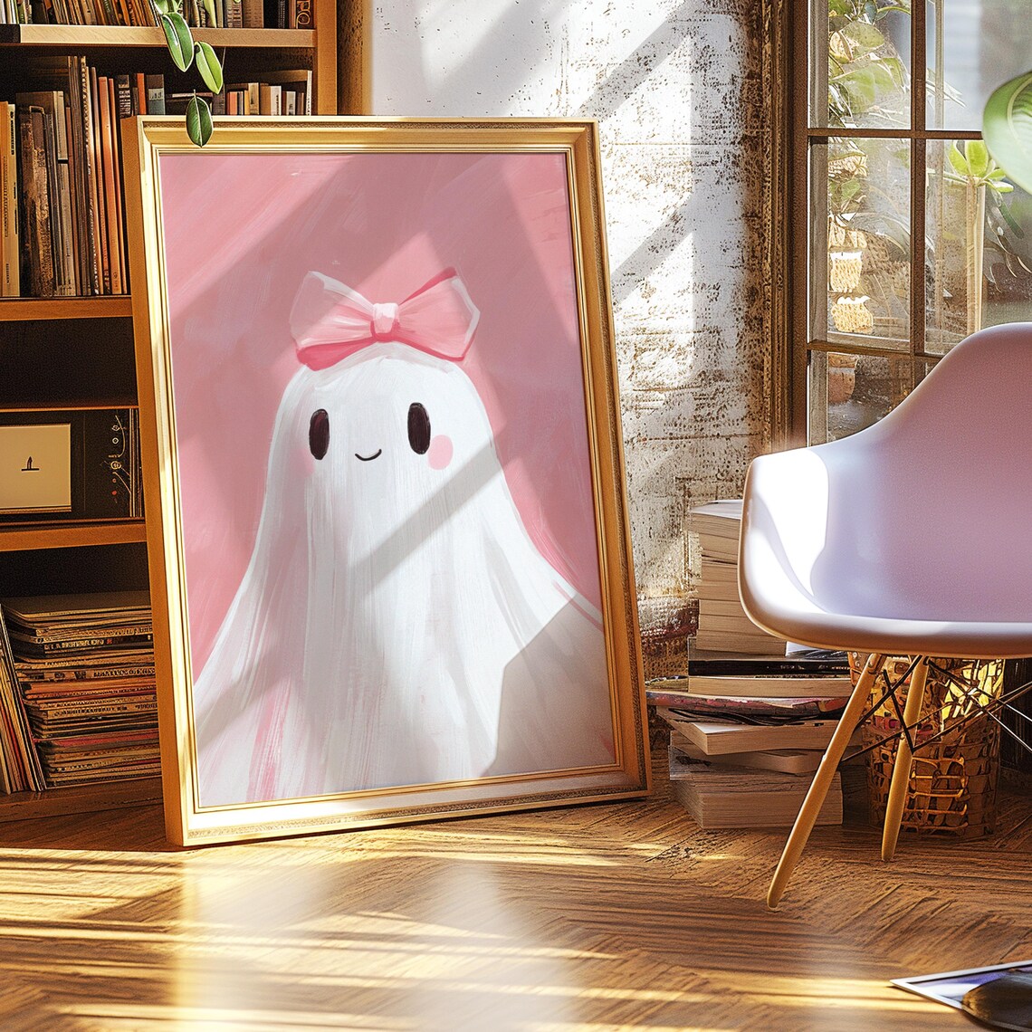 Vintage Pink Bow Ghost Art Print, Halloween Nursery - Image 2