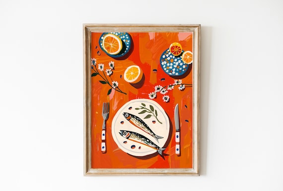 Red Sardines Wall Art Sardines Print Vintage Food Poster Retro Food Art Kitchen Wall Art Fish Restaurant Wall Decor Trendy Art