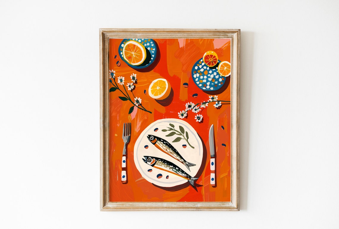 Red Sardines on Plate Retro Food Art Orange Kitchen Wall Poster