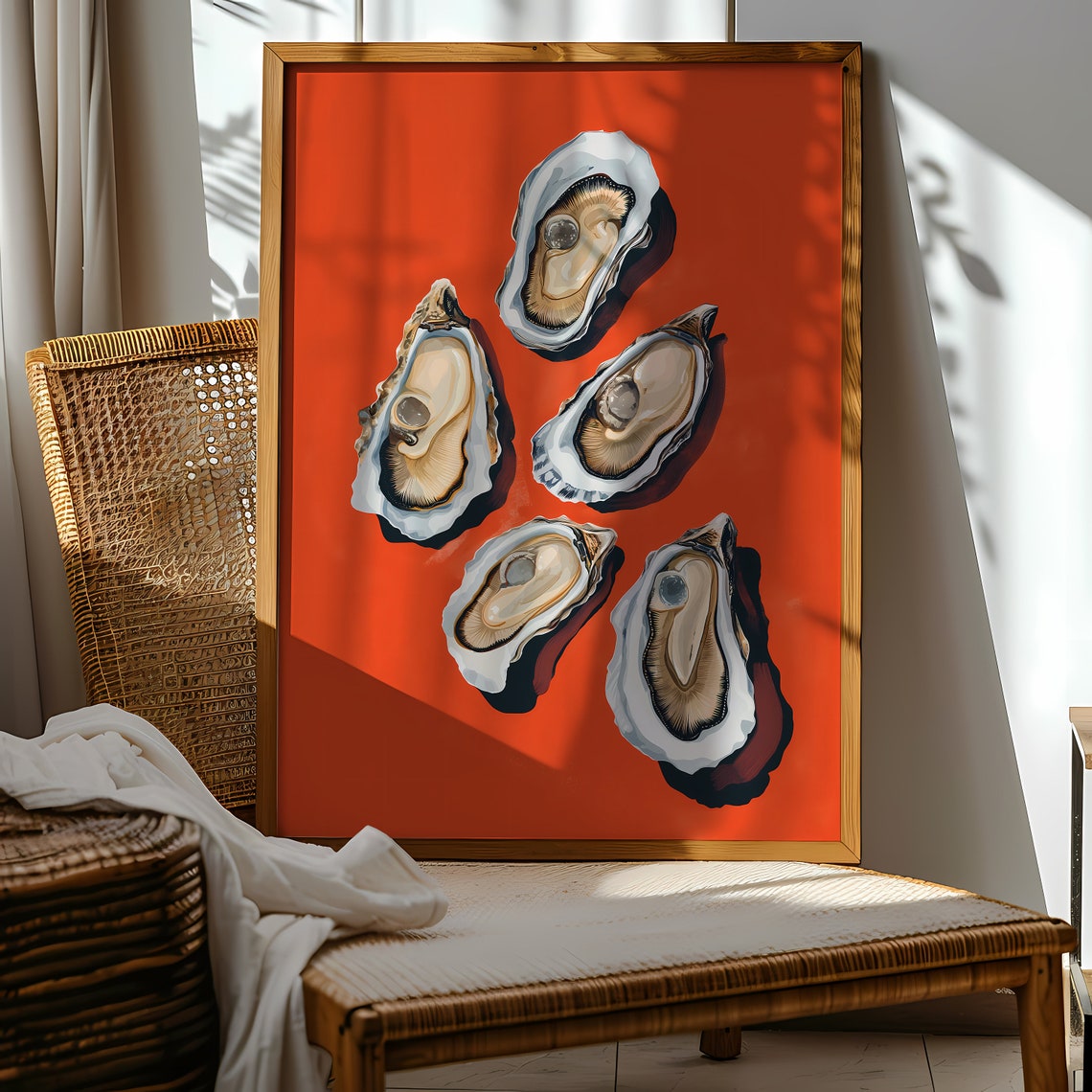 Fresh Oysters Red Background Bold Seafood Kitchen Art Poster - Image 2