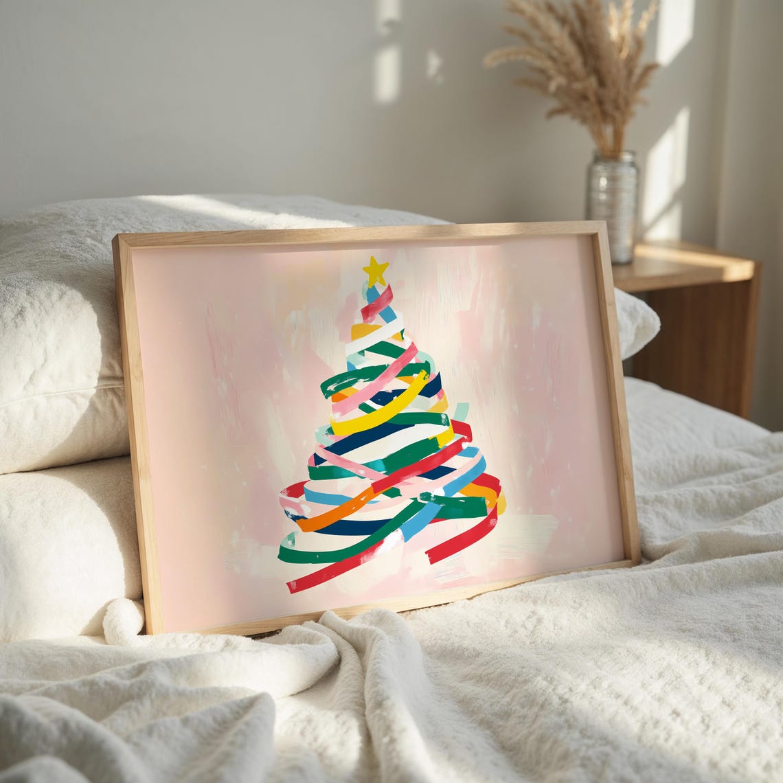 Minimalist Rainbow Ribbon Wrapped Christmas Tree on Soft Pink Poster - Image 2