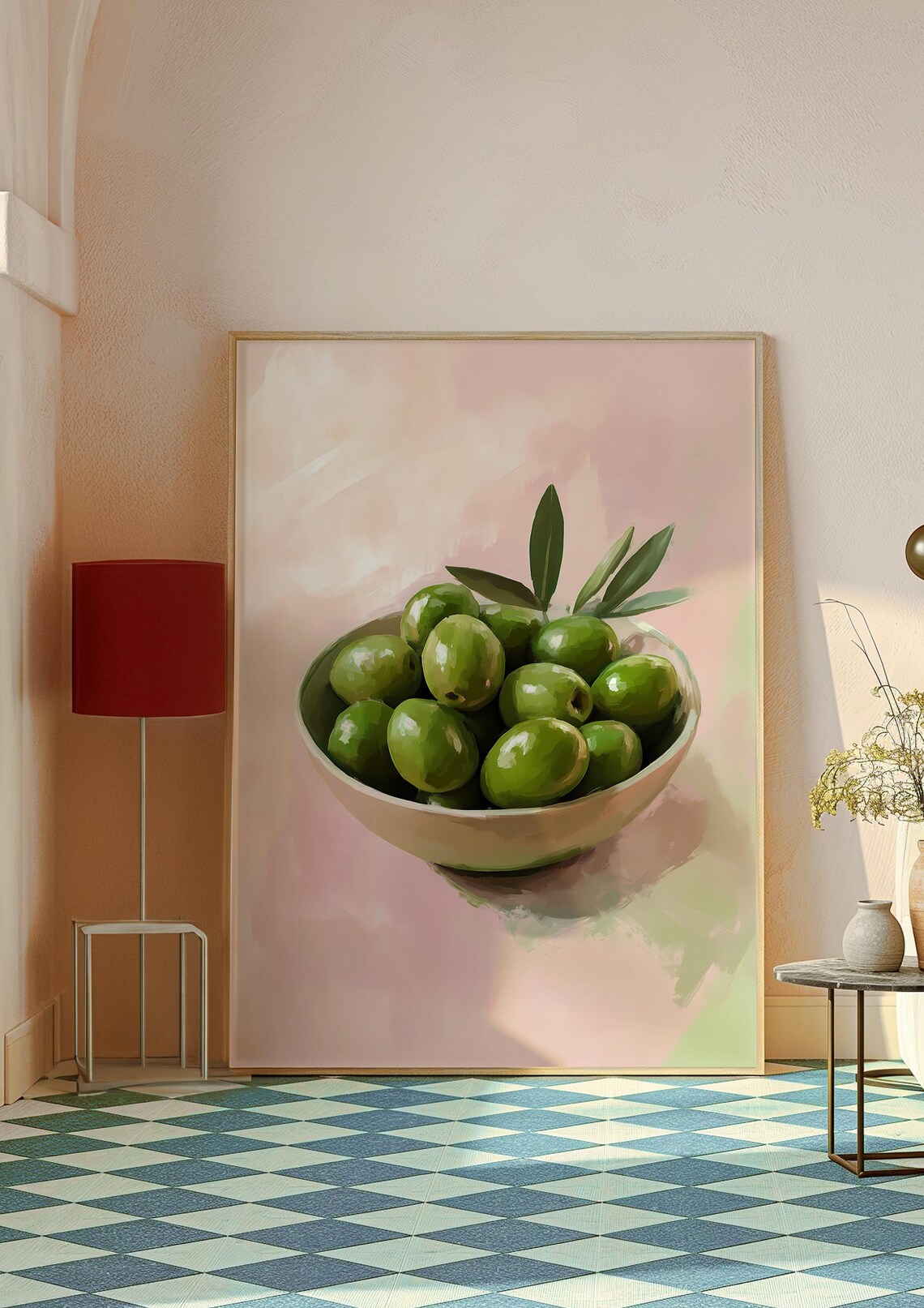Soft Pink Green Olives Bowl Mediterranean Minimalist Food Art Poster - Image 3