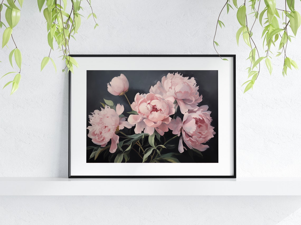 Pink Peony Blossom Moody Dark Background Vintage Style Wall Poster - Image 3