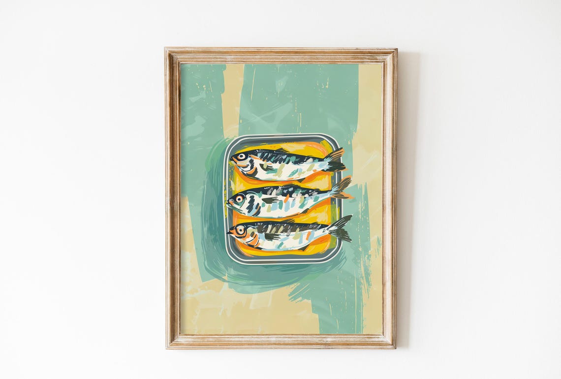 Sardines in Tin Retro Kitchen Illustration Mint Green Artwork Poster