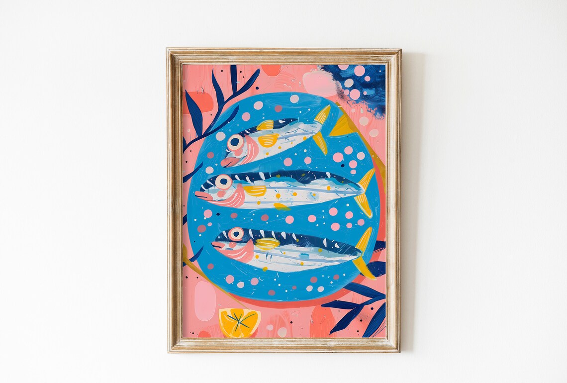 Cute Sardines Print Fish Kitchen Art Retro Italian Dining Room Decor Lemons Wall Art Mediteranean Kitchen Art Decor