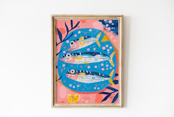Cute Sardines Print Fish Kitchen Art Retro Italian Dining Room Decor Lemons Wall Art Mediteranean Kitchen Art Decor