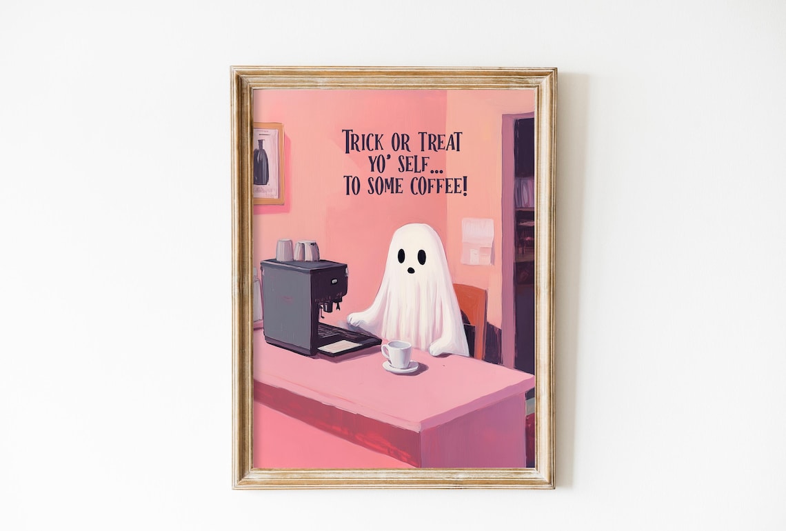 Pink Halloween Decor for Coffee Lovers, Spooky Art Print