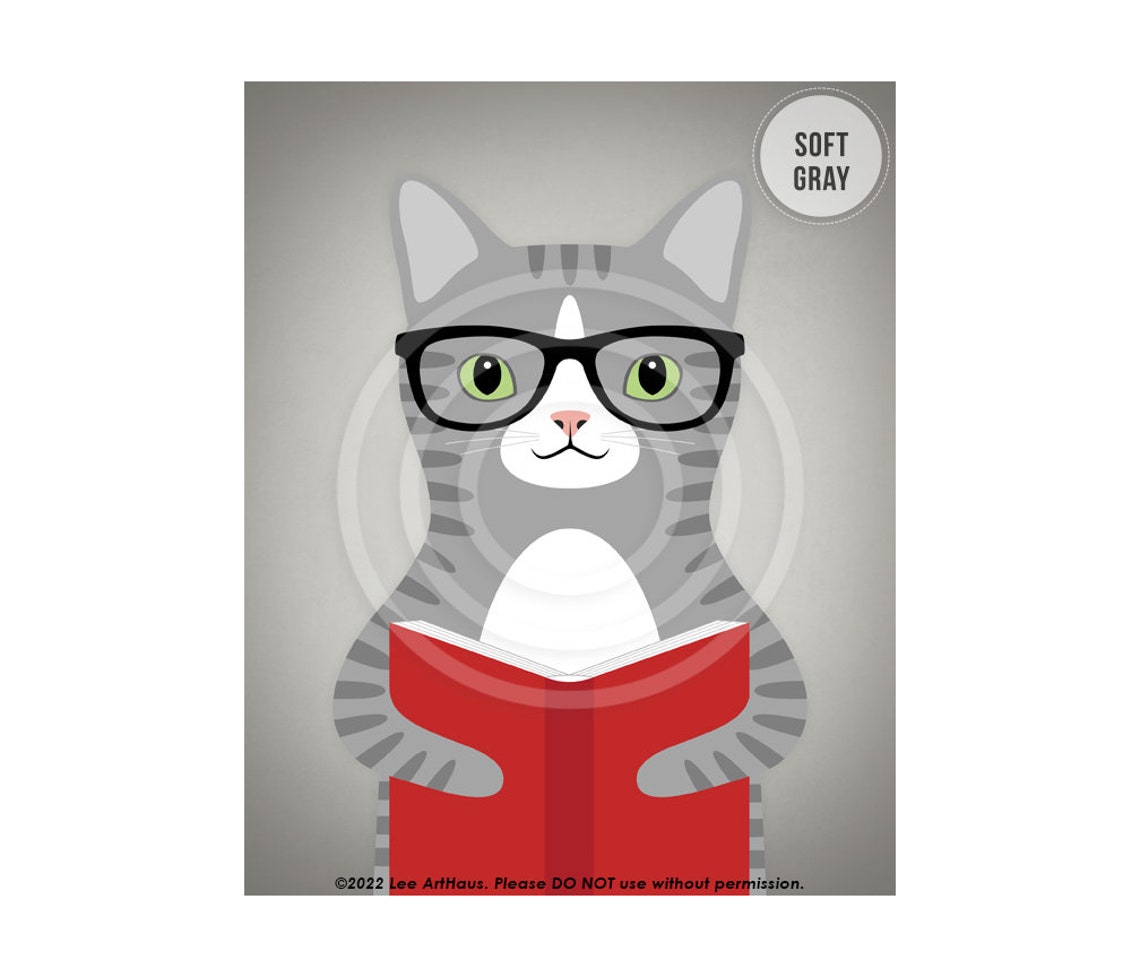 Gray Tabby Cat Glasses Reading Book Pink Library Wall Art Poster - Image 3