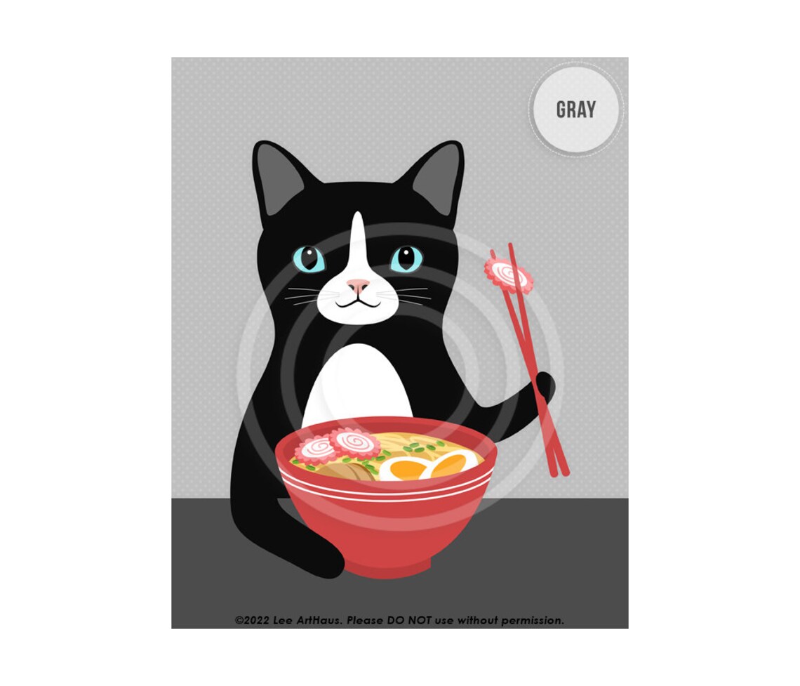 Black And White Cat Eating Ramen Bowl Cute Kitty Lover Kitchen Wall Poster - Image 4
