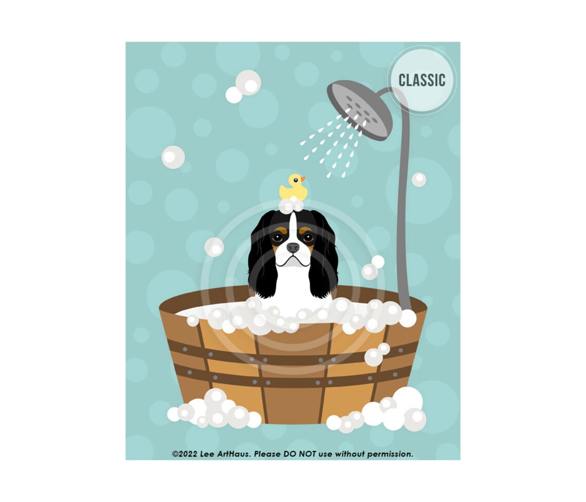 Tricolor Cavalier Spaniel In Wooden Tub Shower Bath With Duck Poster