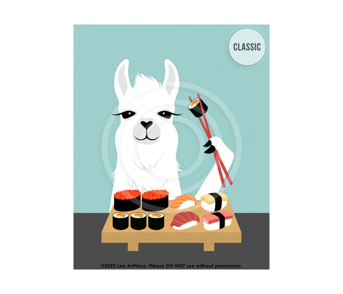 White Llama Eating Sushi Chopsticks Sushi Platter Funny Foodie Poster - Image 4