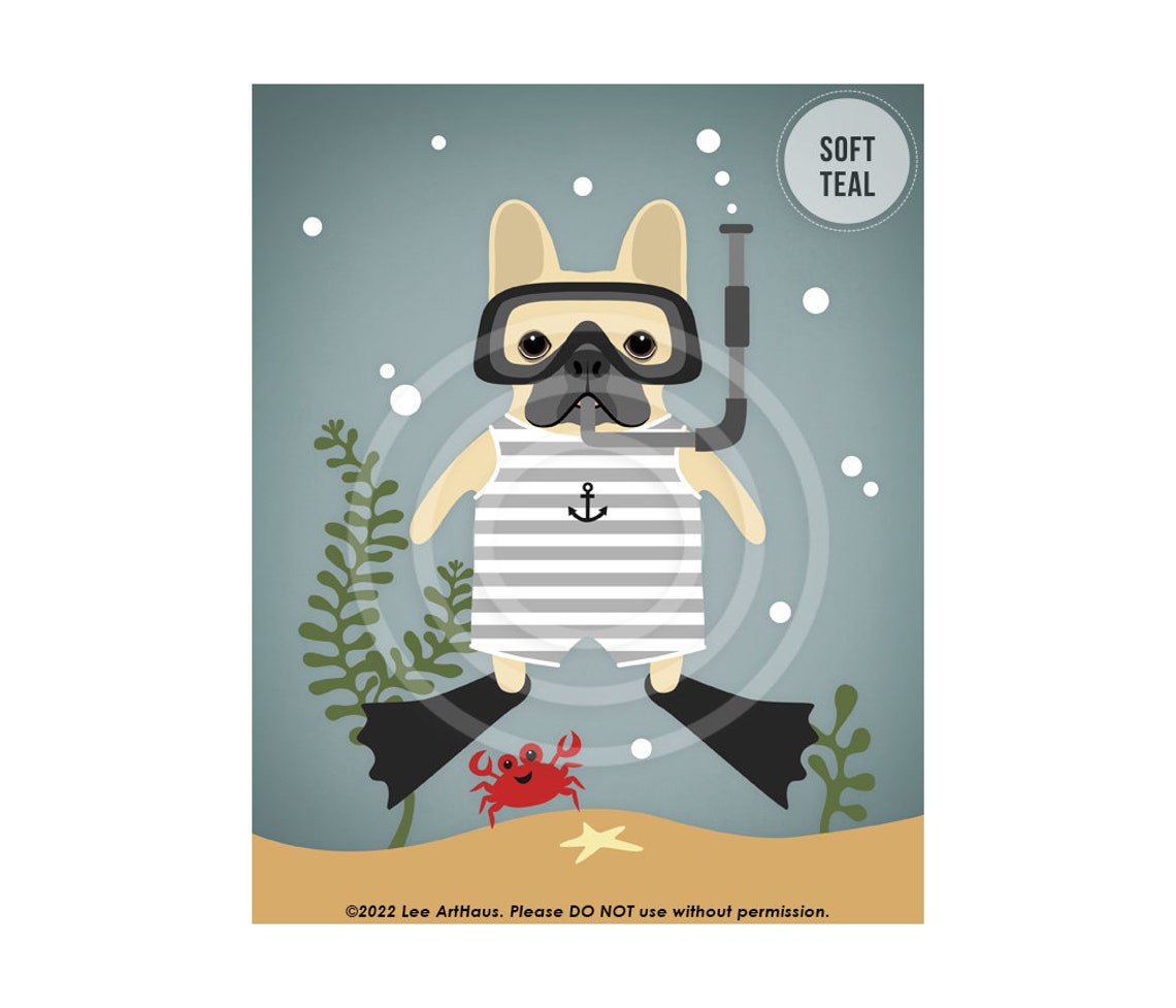 539dp French Bulldog Print Fawn French Bulldog Snorkeling In Green And White Swimsuit Wall Art Scuba Diving Dog Print Snorkel Print - Image 4