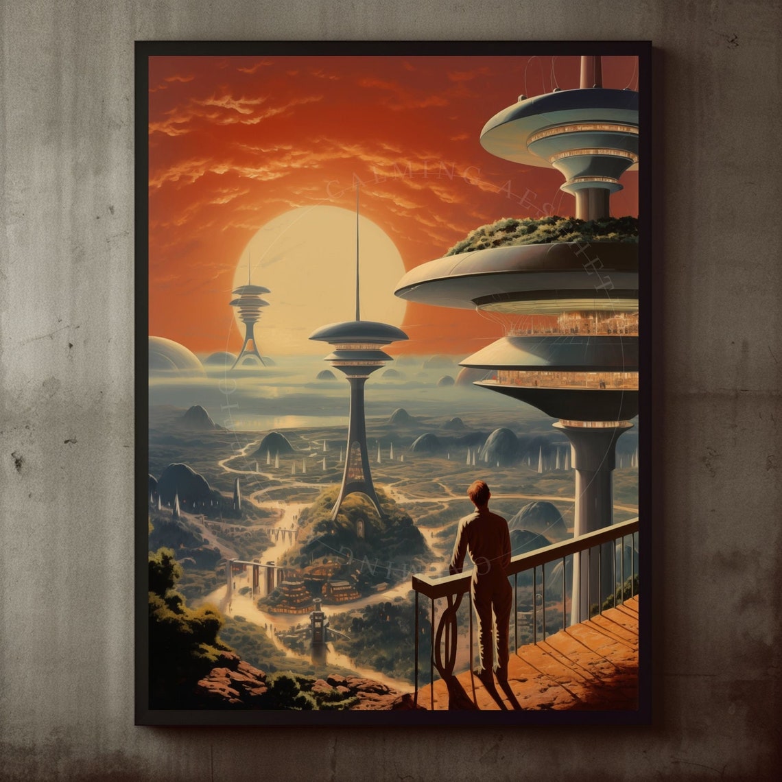 Retro Futurist City Sunrise Space Colonist Balcony View Poster
