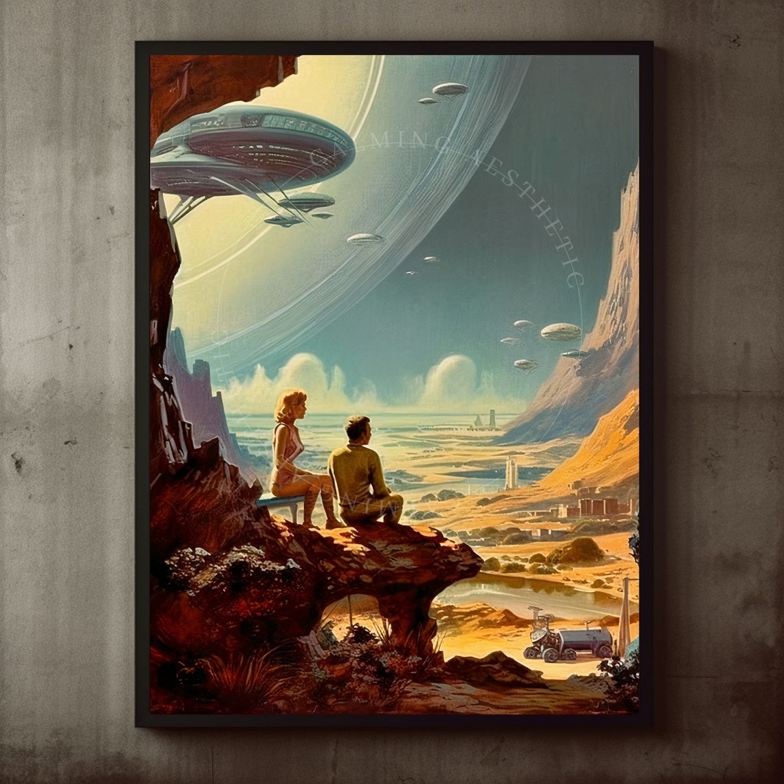 Retro Sci Fi Couple Watching Spaceships Under a Ringed Planet Poster