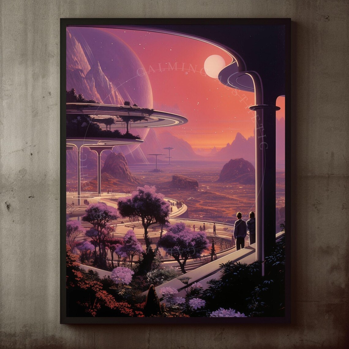 Retro Space Colony Purple Planet Futuristic Terrace View Poster