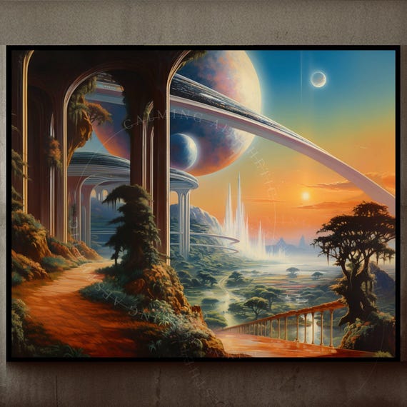 Large Poster Scifi Utopia Space Landscape Horizontal Wall Art Print Sunset Retro Futuristic Cosmic Planet Vintage Decor