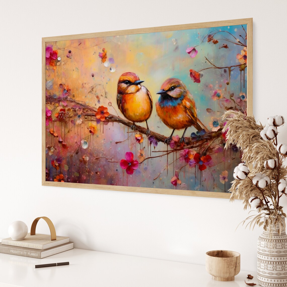 Two Colorful Songbirds On Pink Blossom Branch Whimsical Art Poster - Image 3