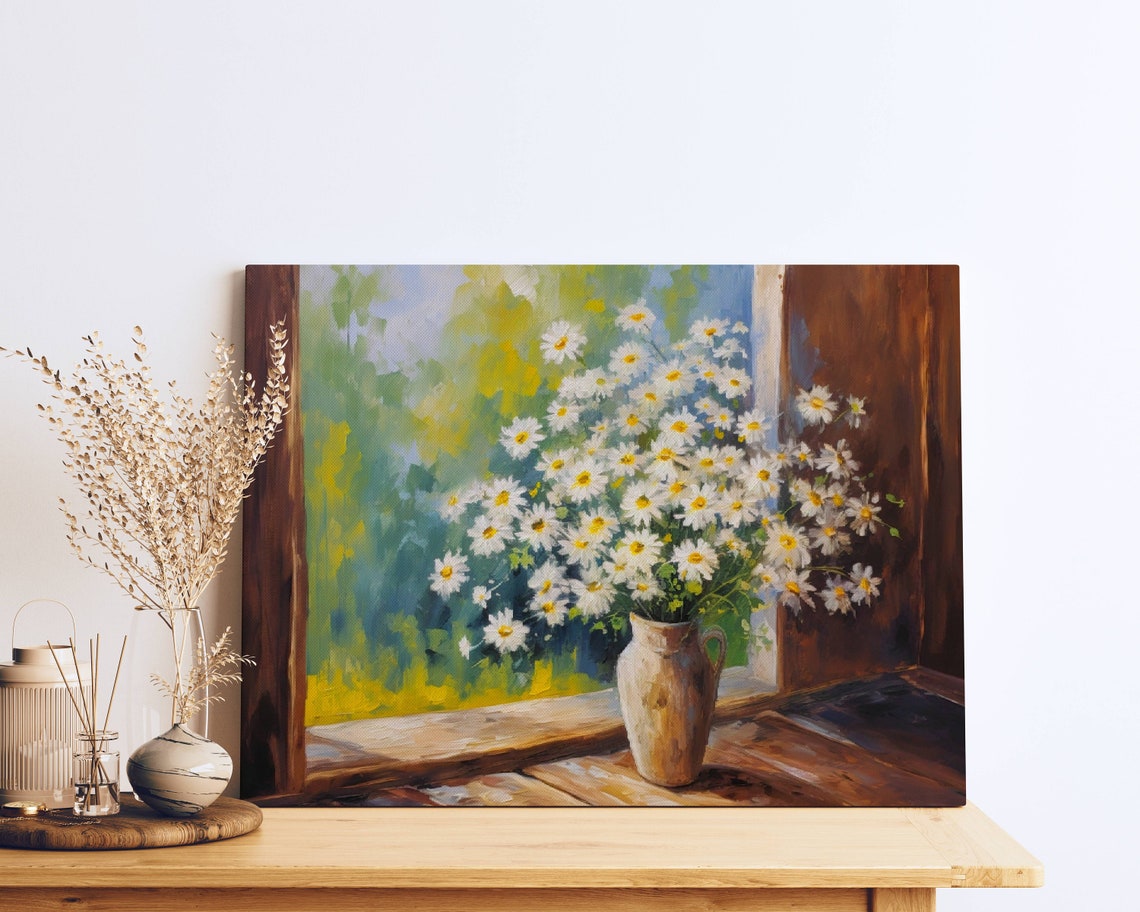 Daisy Bouquet Painting Clay Pitcher Rustic Window Scene Poster