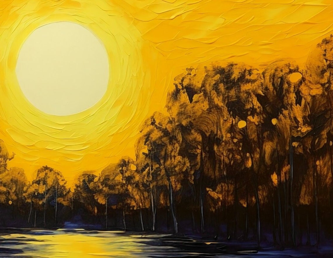 Golden Sun Over River Trees Impressionist Sunset Style Art Poster - Image 3