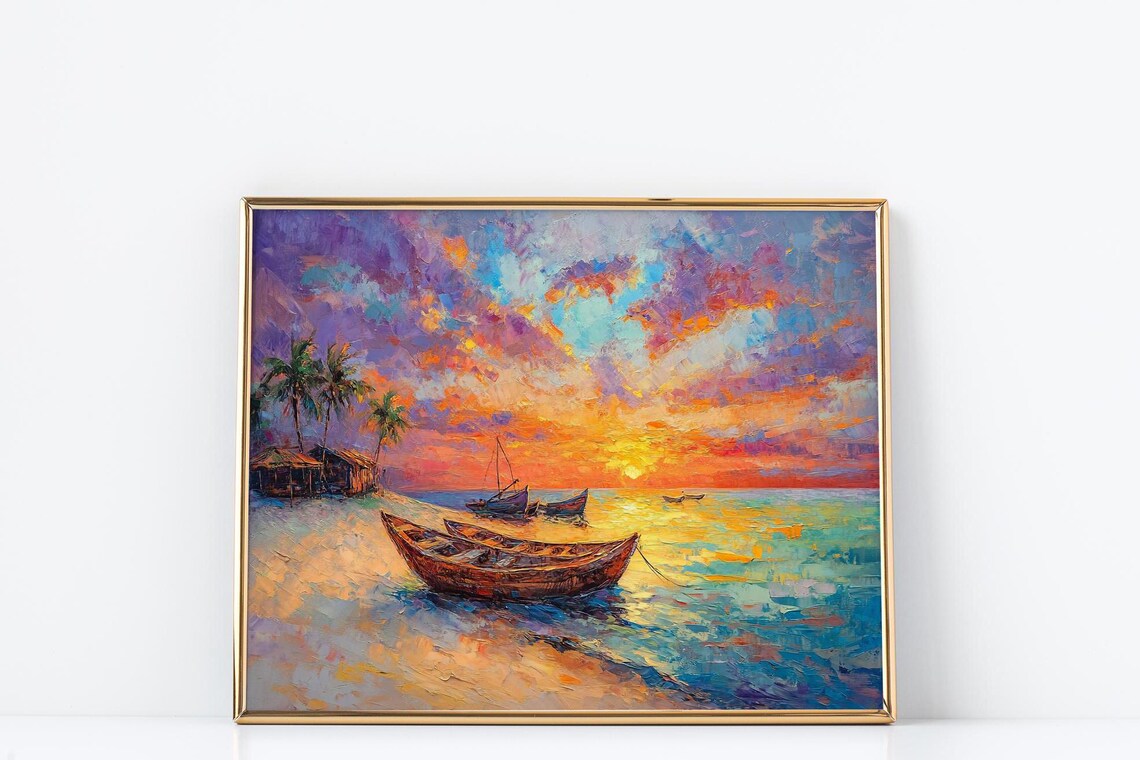 Exotic Beach Sunset Oil Painting Print Vibrant Impasto Fishing Boats Scene Textured Coastal Seascape Wall Art With Colorful Sky Decor - Image 3