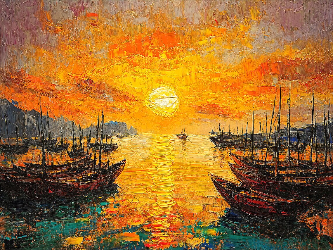 Vibrant Golden Sunset Marina Fishing Boats Ocean Impasto Poster - Image 2