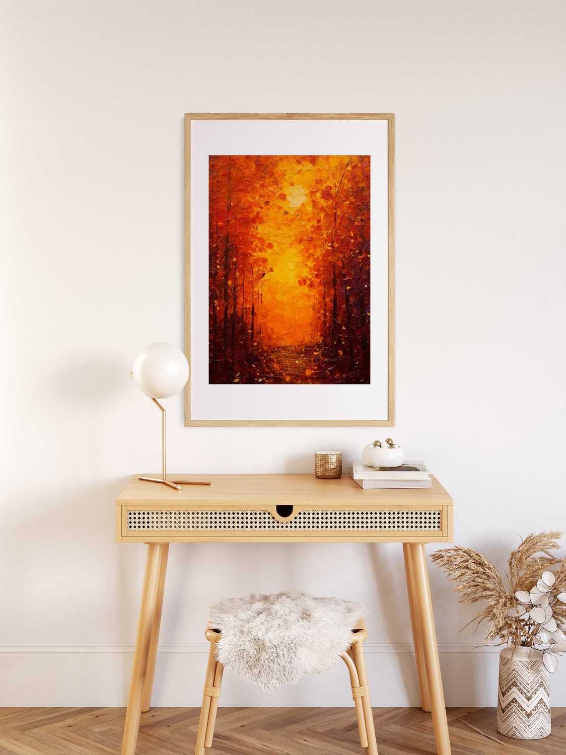 Glowing Autumn Forest Path In Fiery Orange Impasto Landscape Poster - Image 2