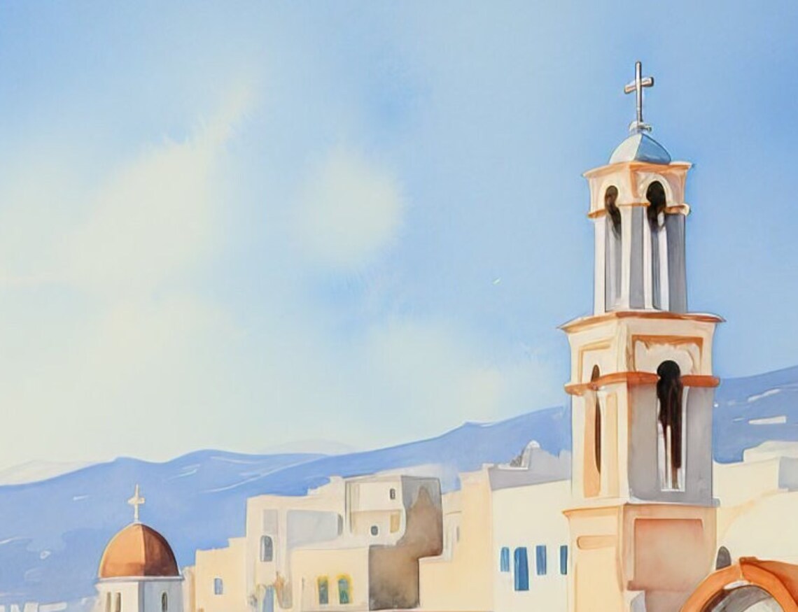 Santorini Greece Blue Dome Church Watercolor Mediterranean Art Poster - Image 2