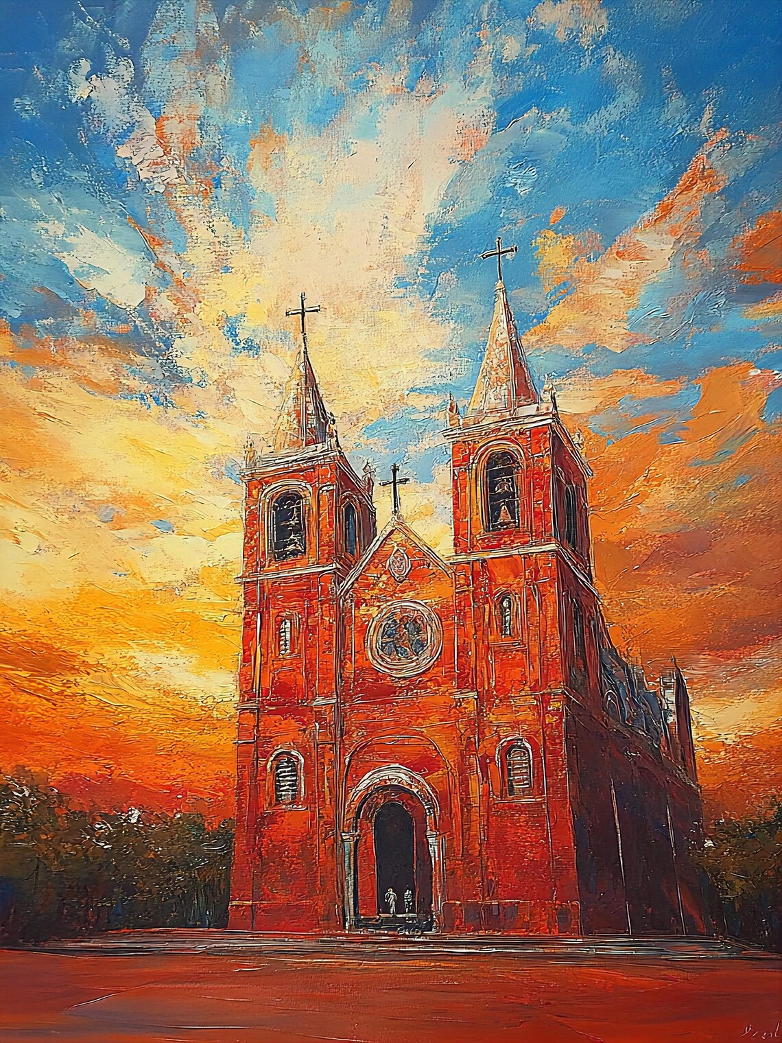 Fiery Red Brick Gothic Church Sunset Hanoi Cathedral Oil Poster - Image 2