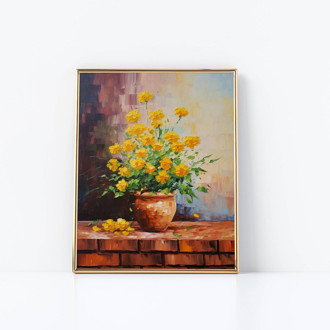 Yellow Flowers Clay Pot Brick Ledge Sunny Impressionist Poster - Image 2