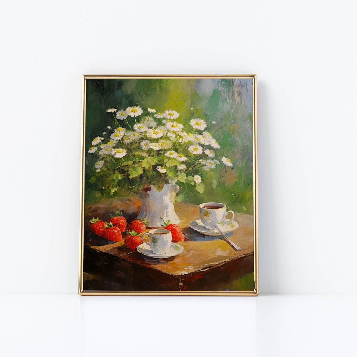 White Daisies Strawberries And Coffee Cups Still Life Oil Art Poster - Image 2