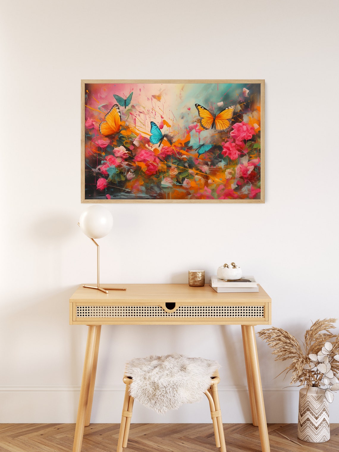 Butterfly Garden Painting Monarch Butterflies Pink Roses Poster - Image 3
