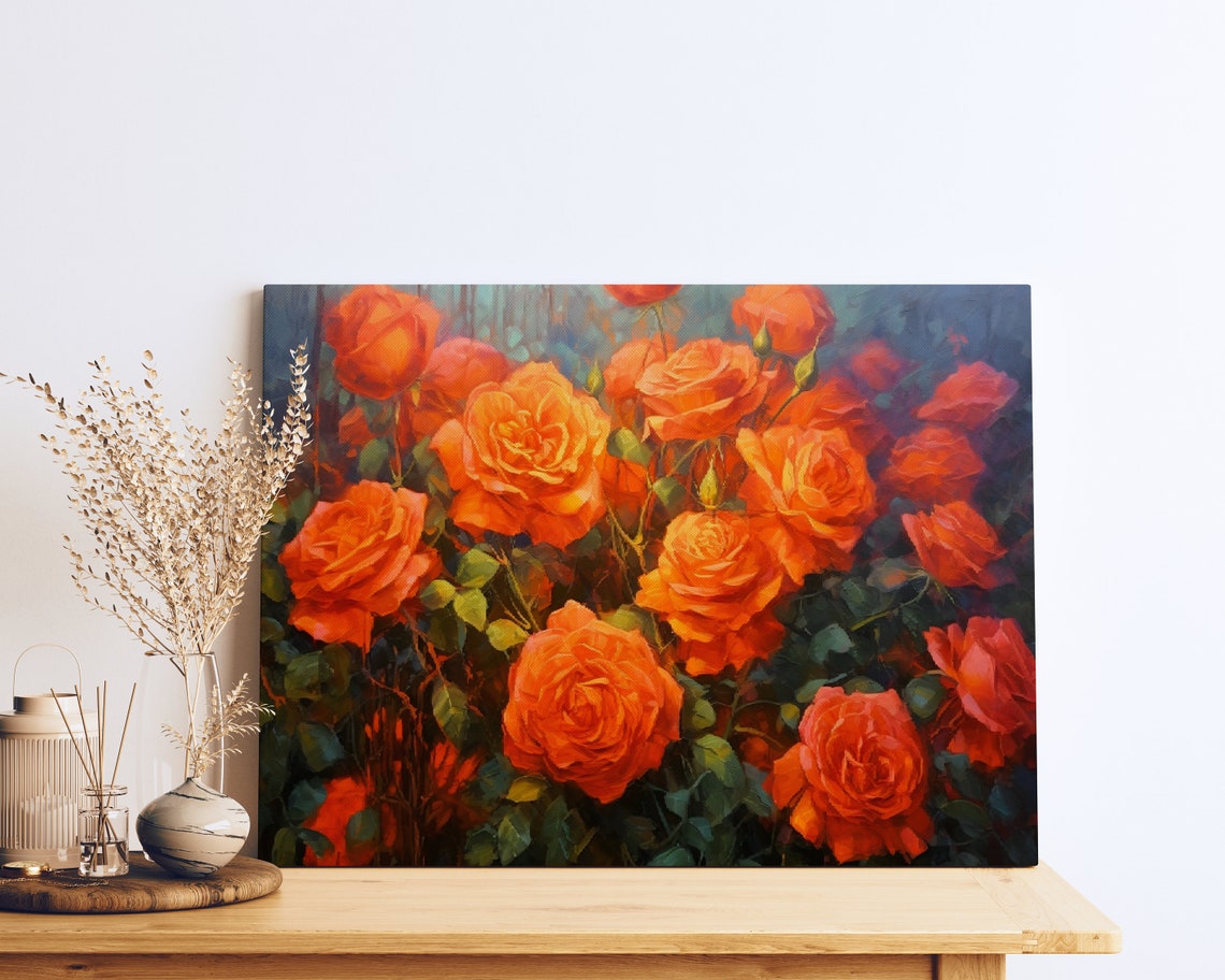 Bright Orange Roses Garden Painting Lush Blooming Rose Bush Poster