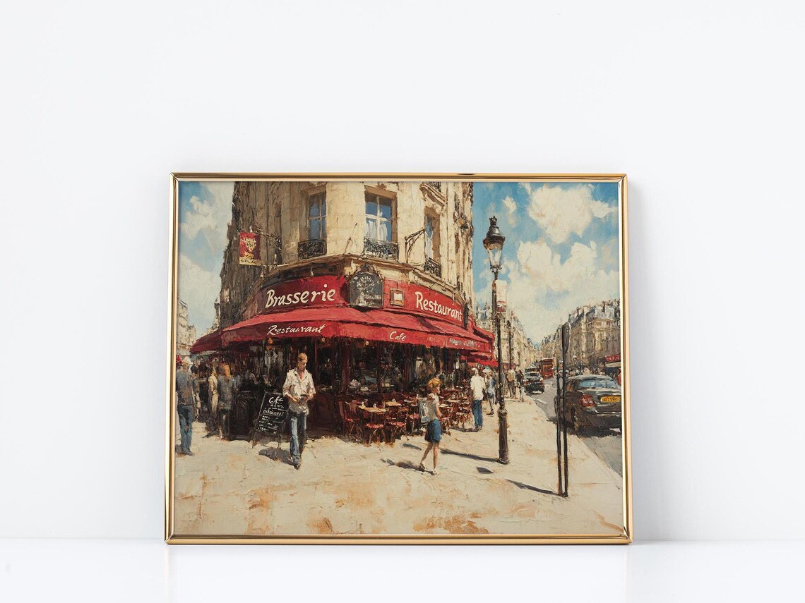 Parisian Brasserie Corner Street Cafe Scene, Art Print