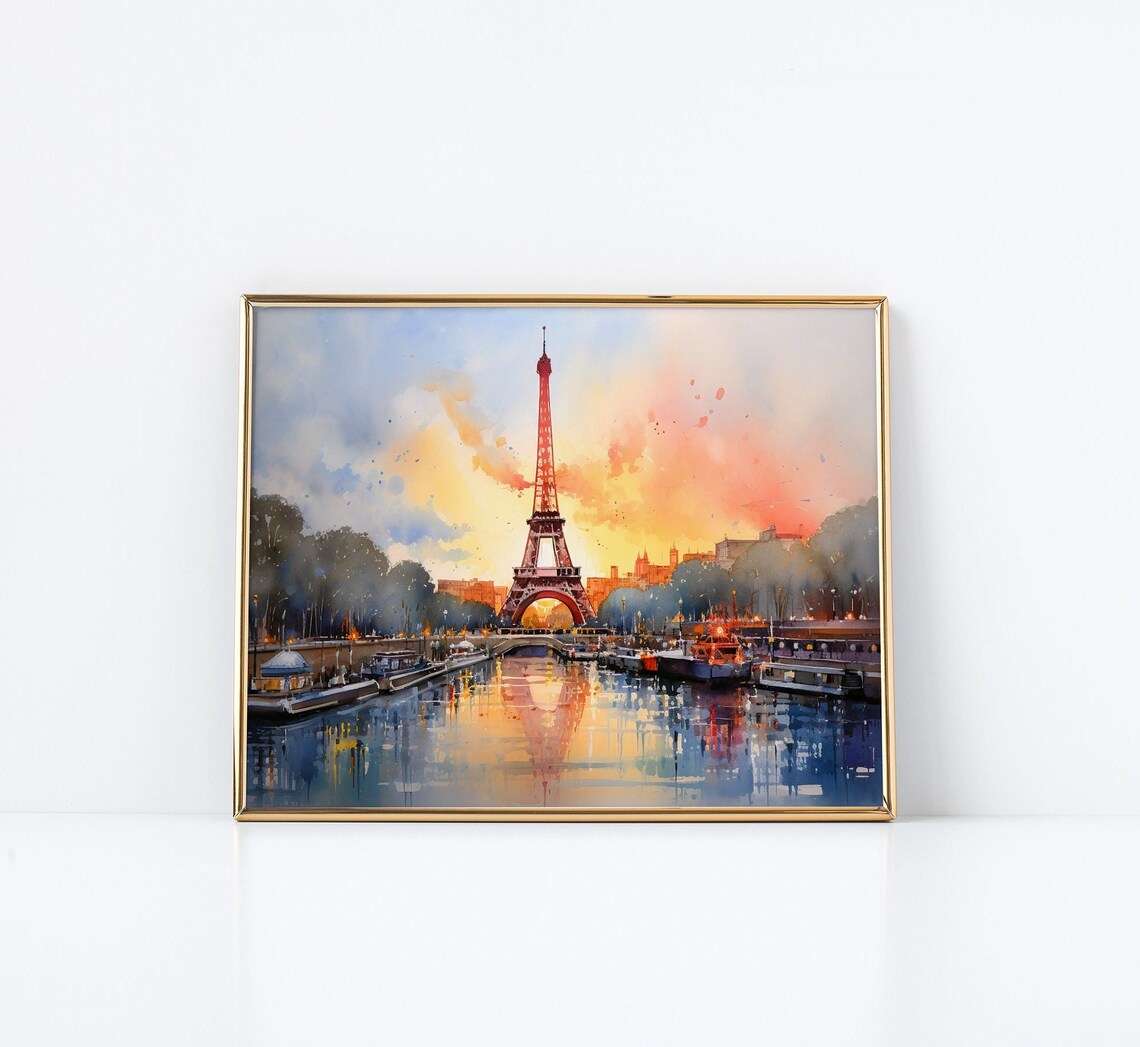Paris Eiffel Tower Watercolor Cityscape, Romantic - Image 3