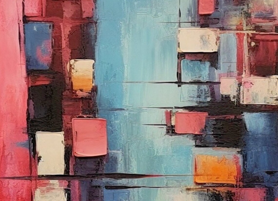 Cityscape on Red Background, Realism Expressionism Mix - Image 3