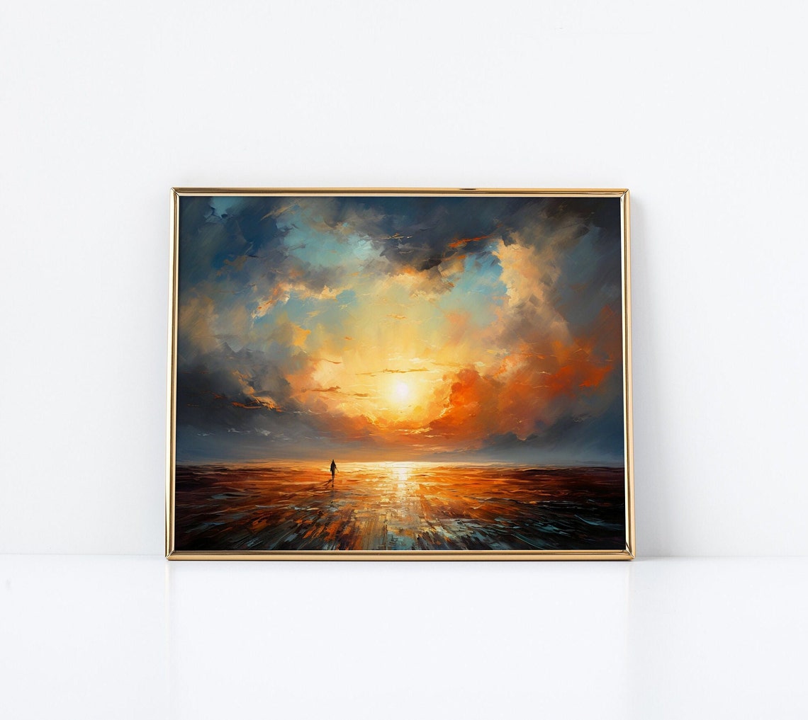 Sunset Over Water Dramatic Orange Clouds Lone Walker Seascape Poster - Image 2