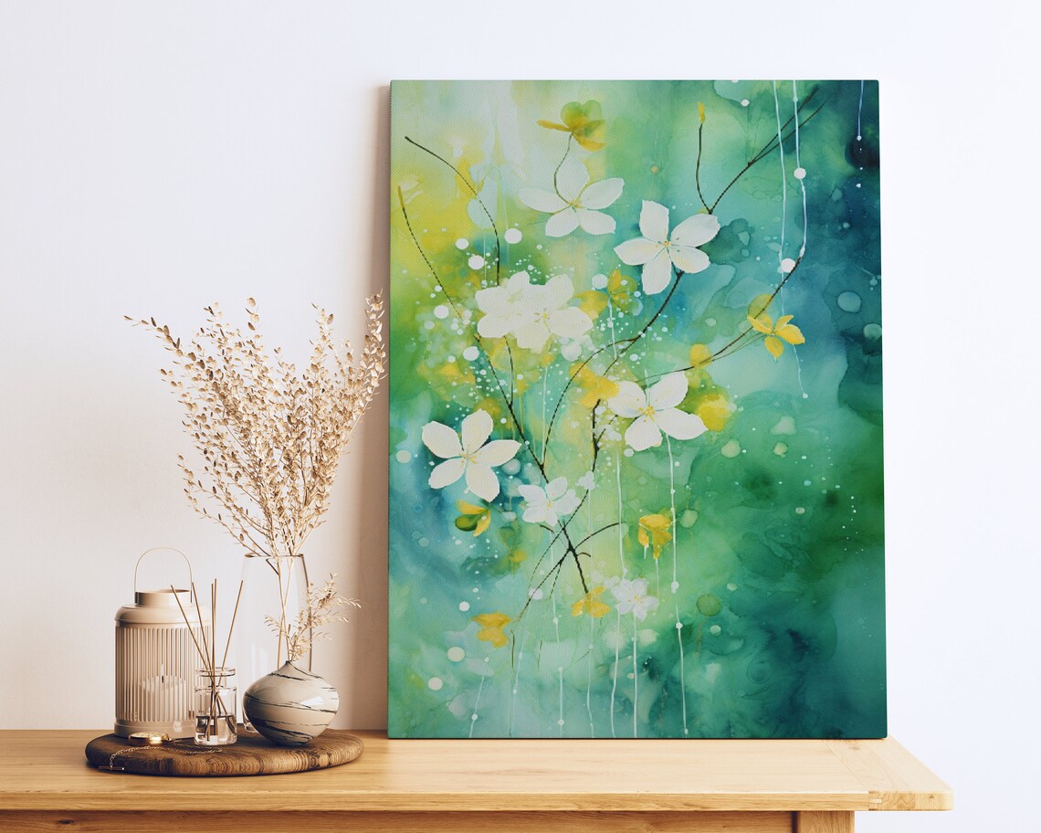 White Blossom Flowers Painting Green Watercolor Garden Poster - Image 2