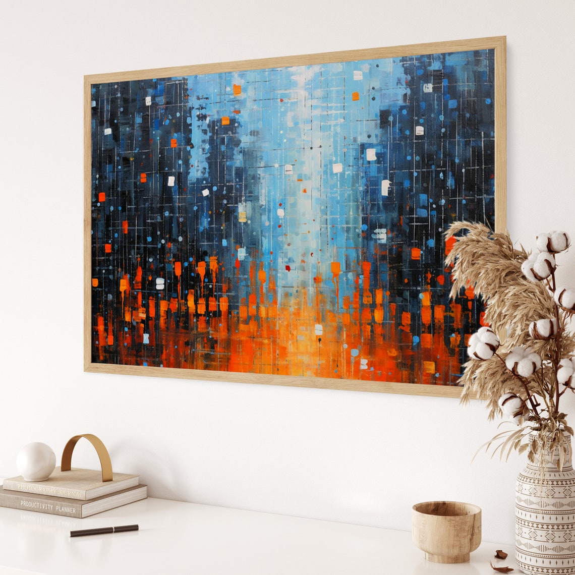 Abstract Night City Lights Painting Blue and Orange Squares Poster - Image 3