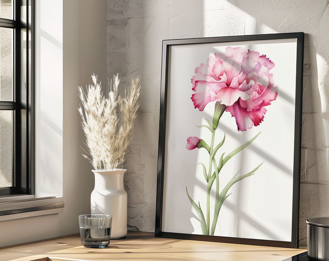 Pink Carnation With Bud Fringed Petals Watercolor Floral Art Poster