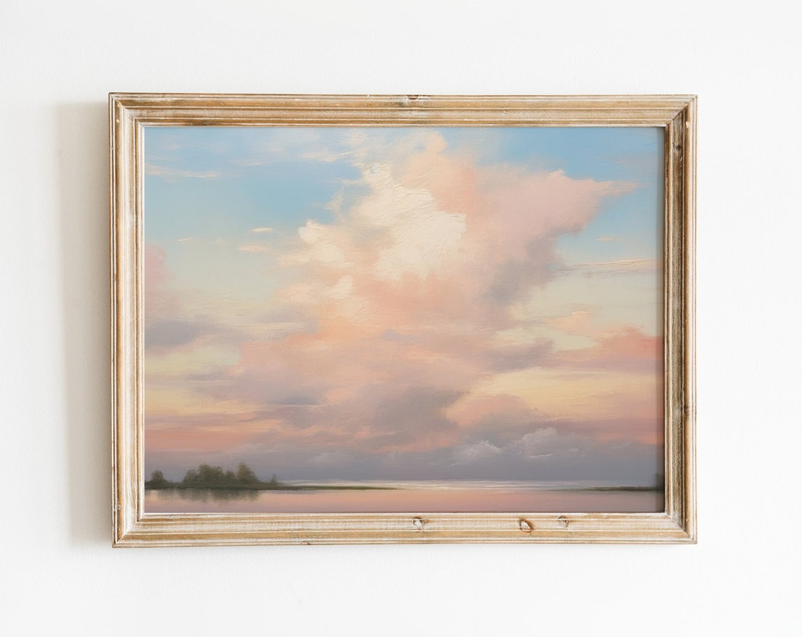 Pastel Cloud Sky Serene Horizon Vintage Landscape Painting Poster