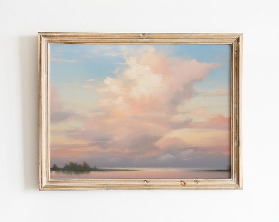 Summer Landscape Painting Landscape Horizon Painting Art Vintage Pink Cloud Wall Art Beige Clouds Oil Painting