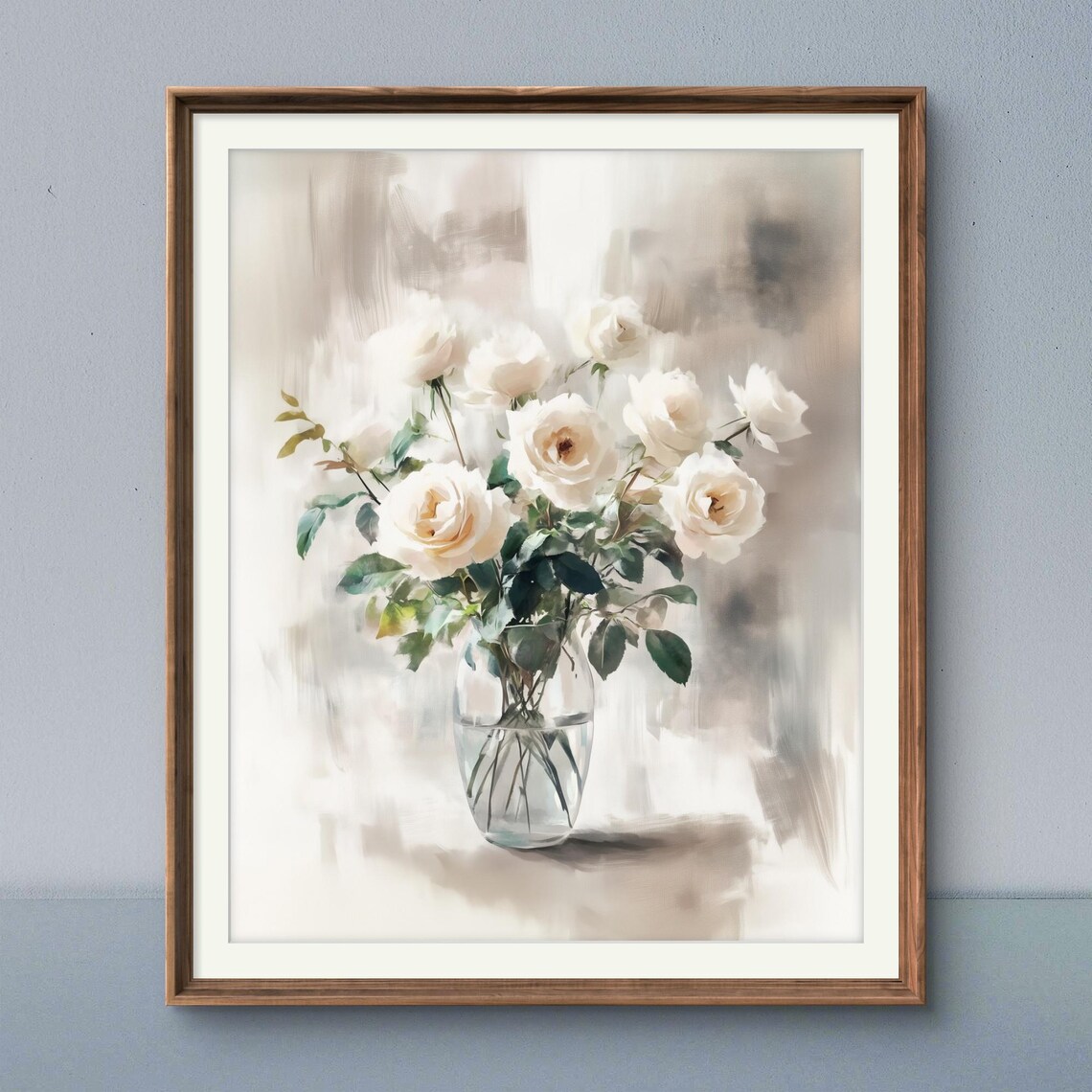 White Rose Bouquet In Glass Vase Watercolor Floral Art Poster