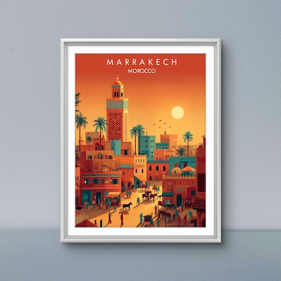 Marrakech Morocco Sunset Travel Poster Koutoubia Minaret Medina Plaza