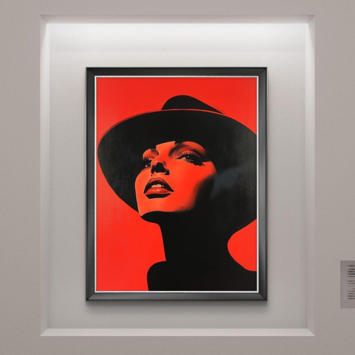Hollywood Glam Woman Black Hat on Red Pop Art Style Portrait Poster