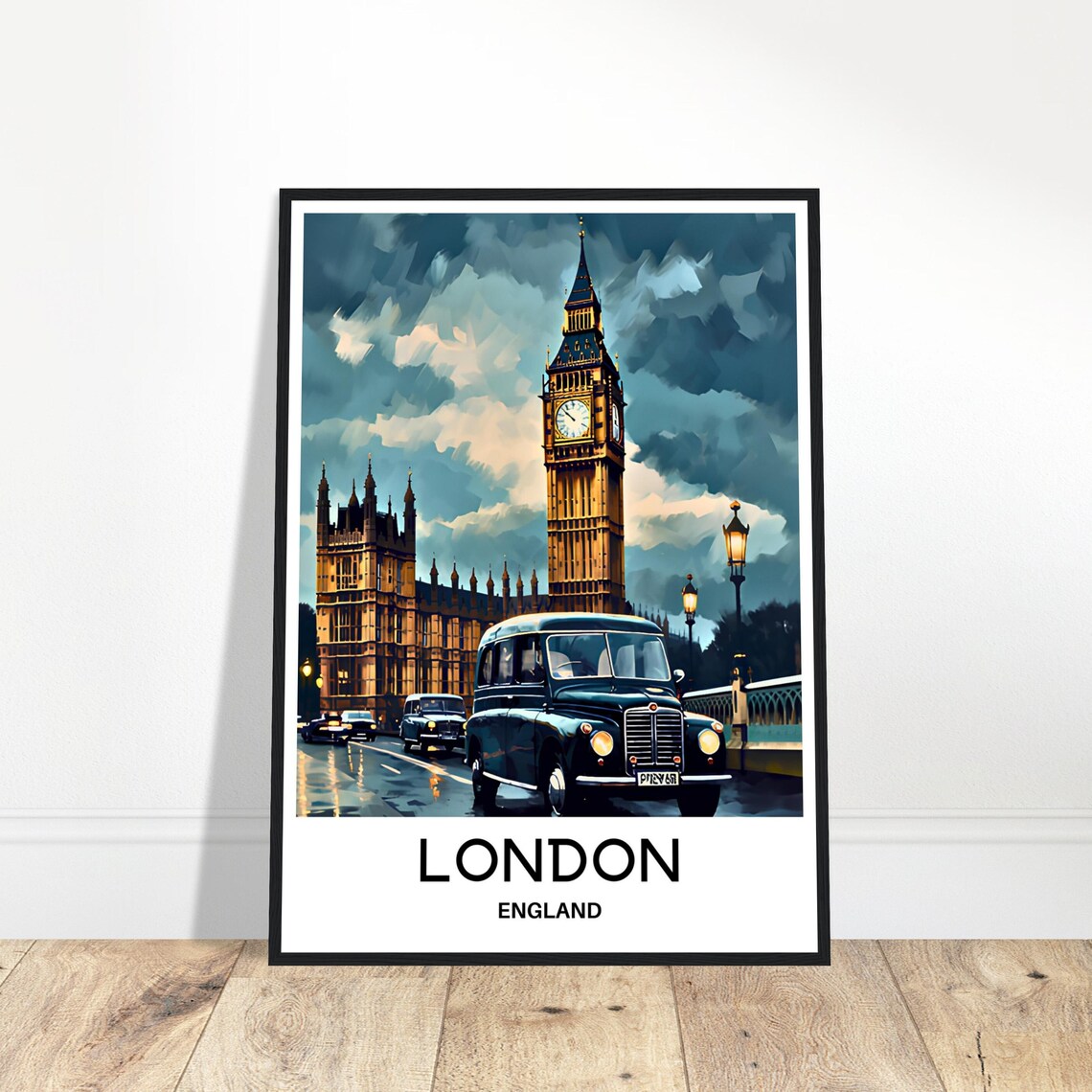 London Big Ben and Classic Black Taxi Night Street Travel Poster