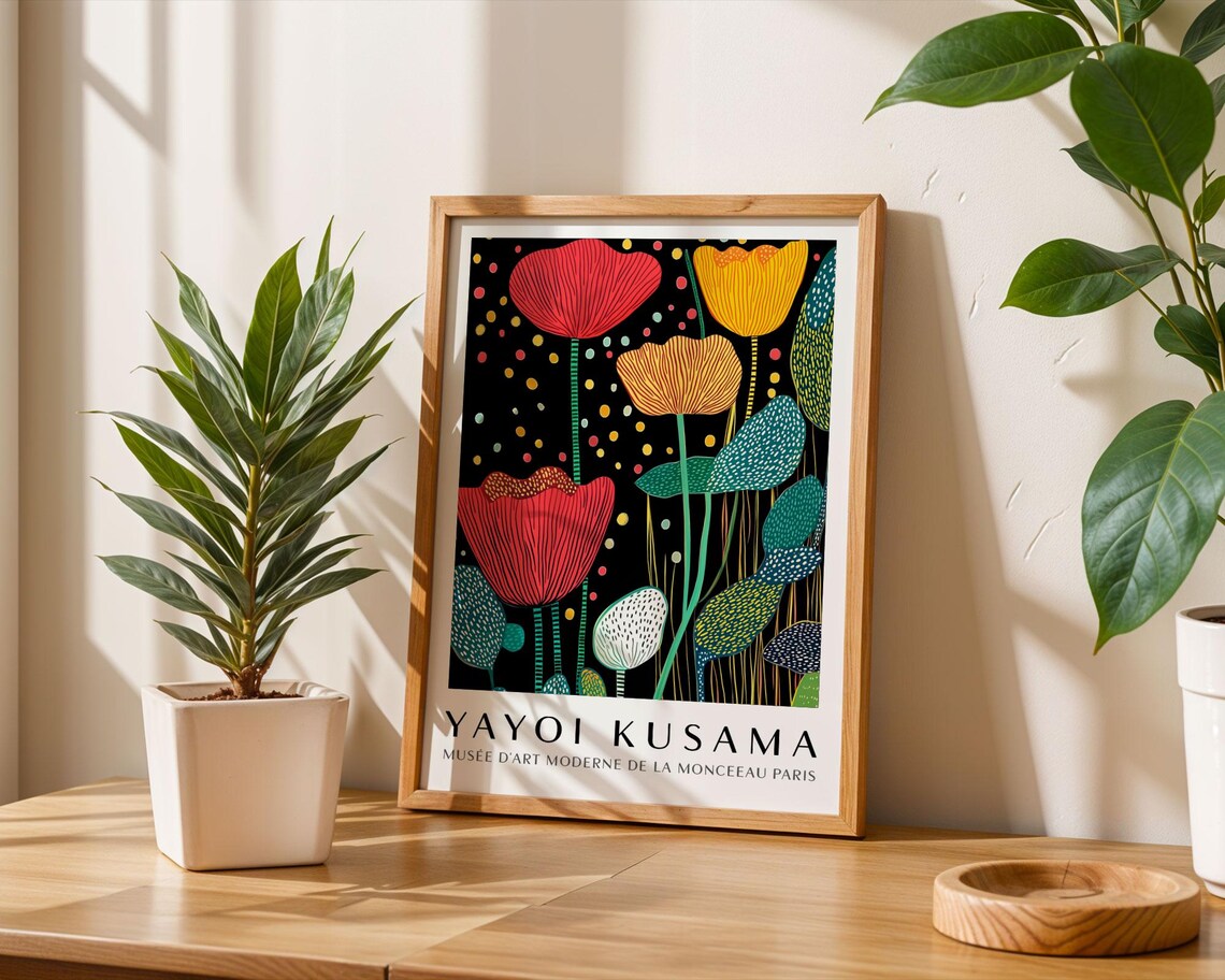Yayoi Kusama Red and Yellow Poppy Flowers on Black Museum Poster - Image 6